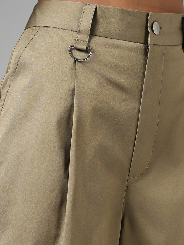 Nuon Solid Olive Green Wide-Leg Trousers
