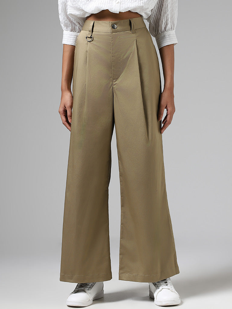 Nuon Solid Olive Green Wide-Leg Trousers