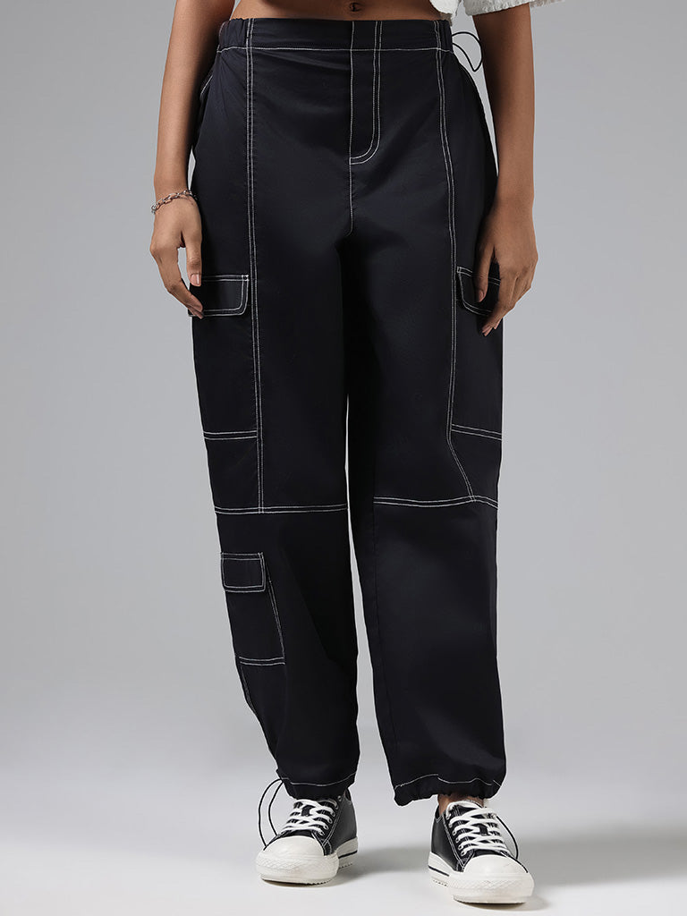 Buy Nuon Black Parachute Cargo Pants from Westside