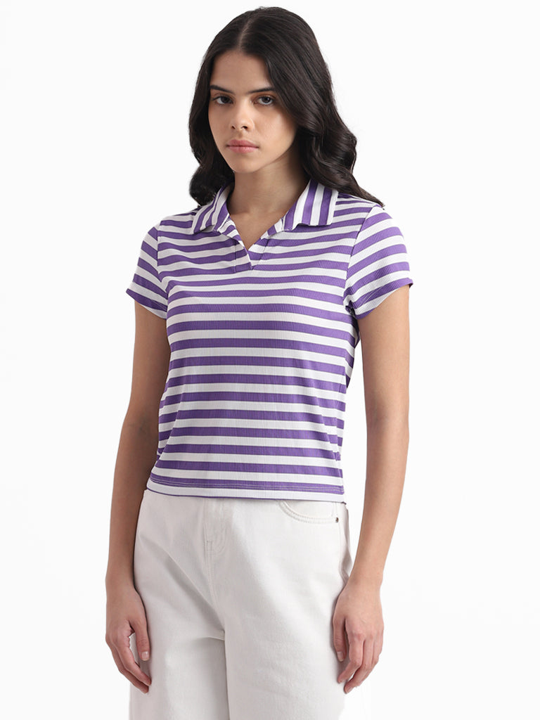 Nuon Lavender and White Striped Slim Fit Lapel Collar T-Shirt