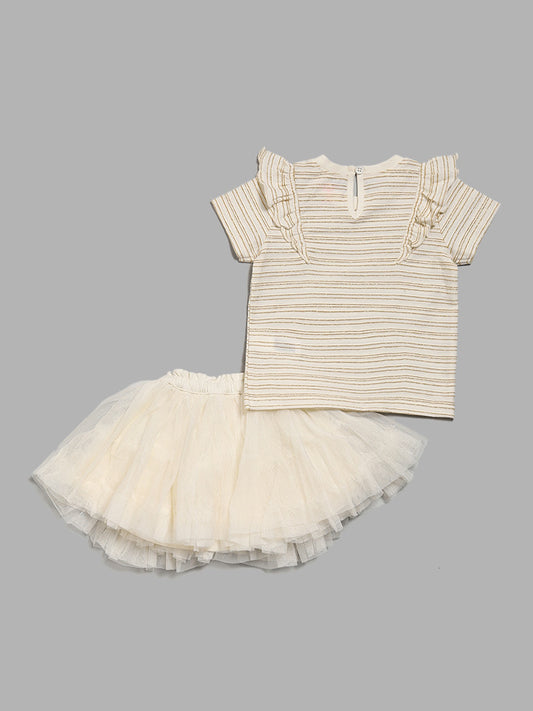 HOP Baby Off White Stripe T-Shirt and Net Skirt Set