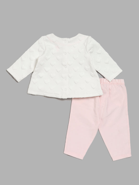 HOP Baby Heart Patterned White Top with Plain Pink Pants