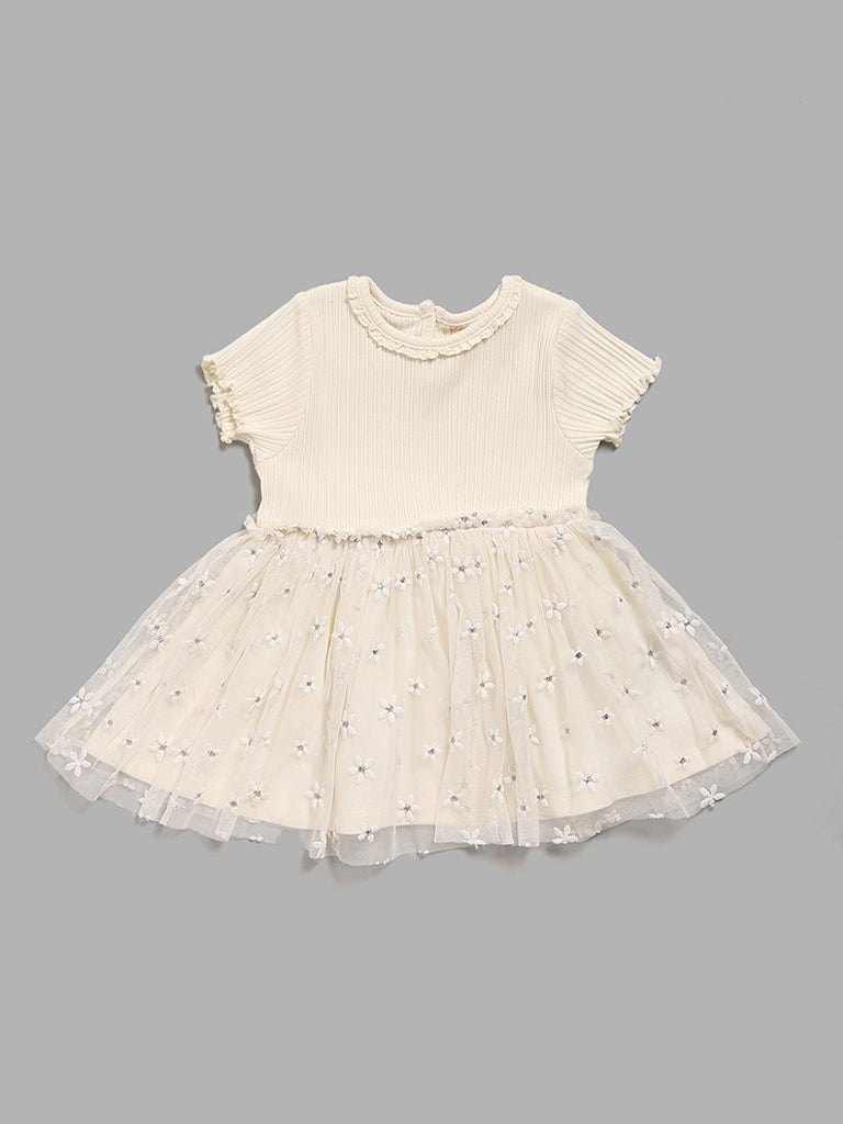 HOP Baby Cream Floral Embroidered Mesh Dress