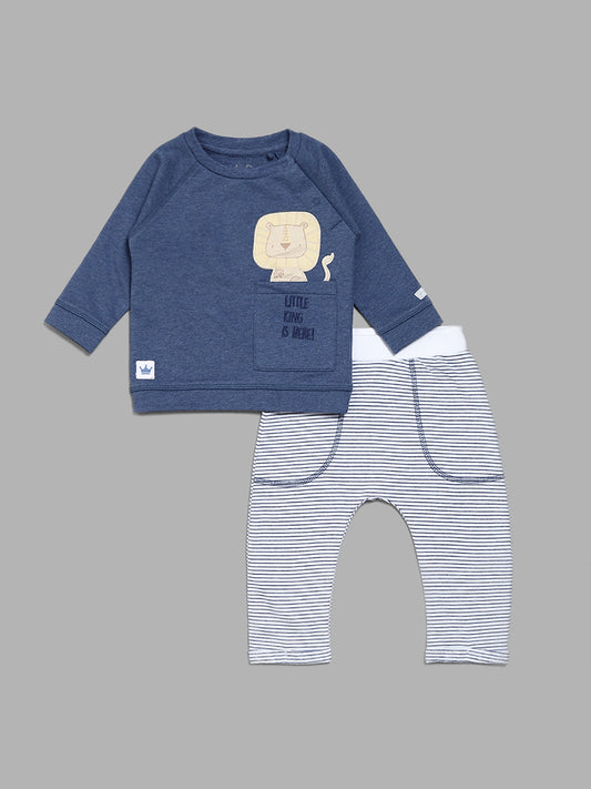 HOP Baby Printed Navy T-Shirt with Striped Joggers