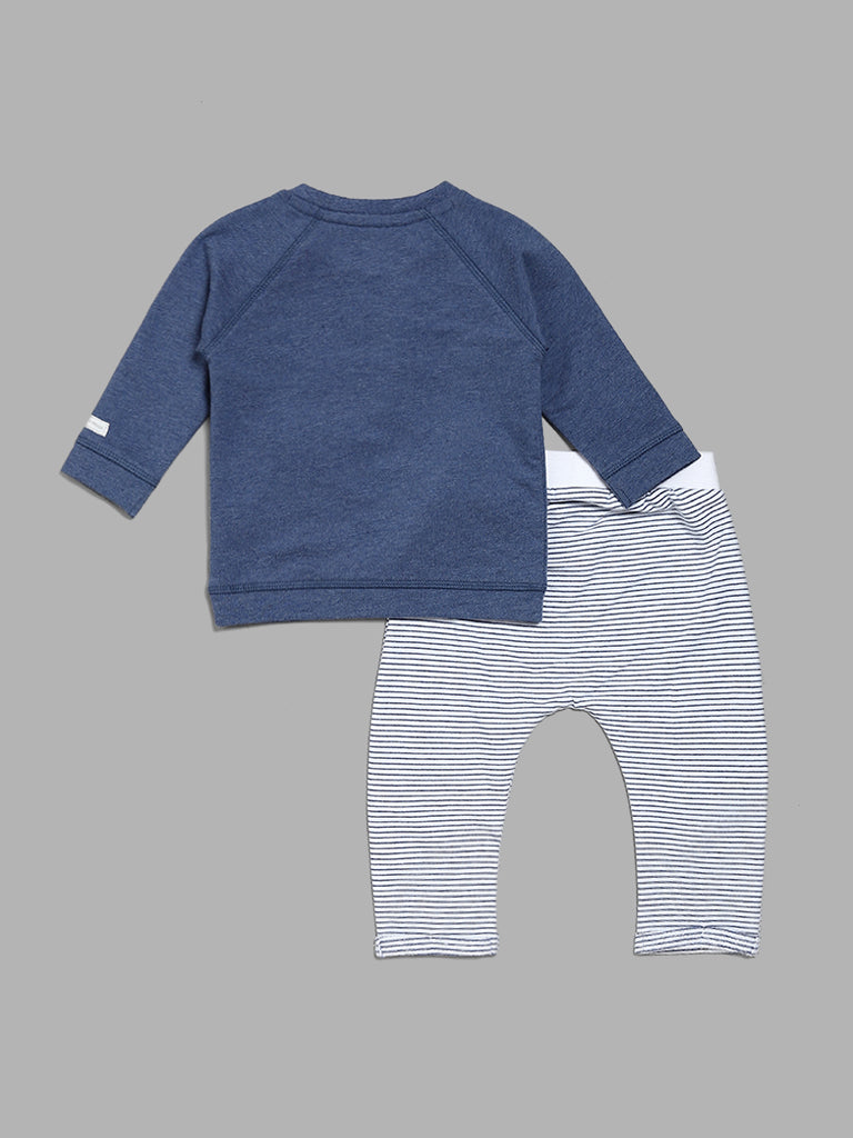 HOP Baby Printed Navy T-Shirt with Striped Joggers