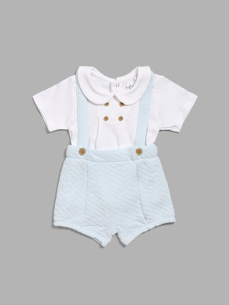 HOP Baby White T-Shirt, Blue Self-Patterned Shorts & Suspender Set