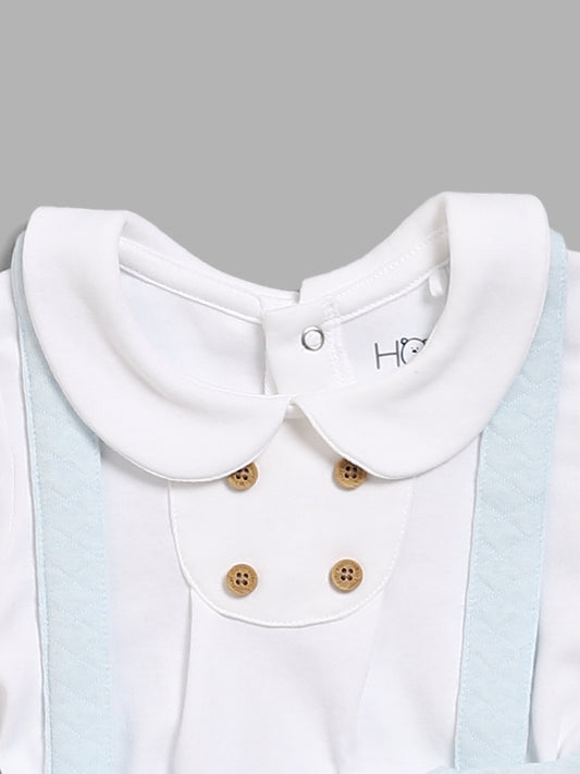 HOP Baby White T-Shirt, Blue Self-Patterned Shorts & Suspender Set