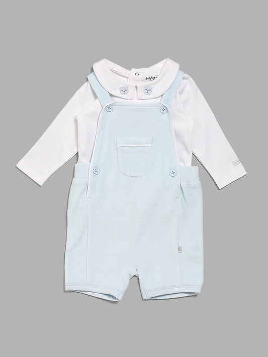 HOP Baby Blue Bear Embroidery T-Shirt & Dungaree Set