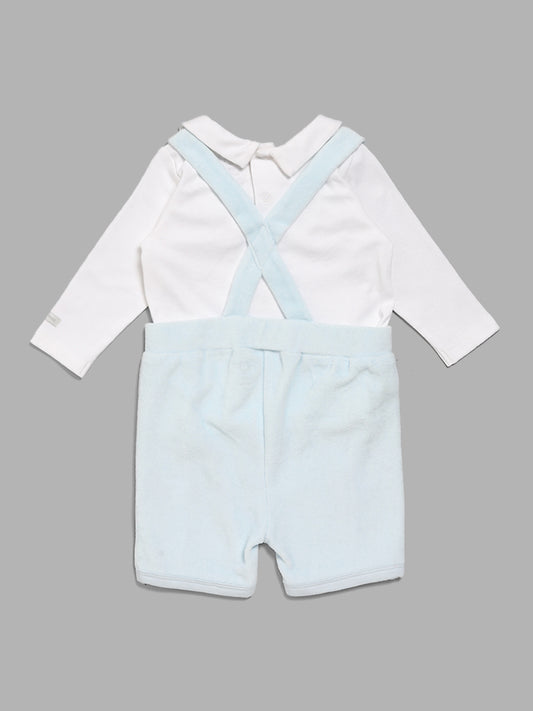 HOP Baby Blue Bear Embroidery T-Shirt & Dungaree Shorts Set