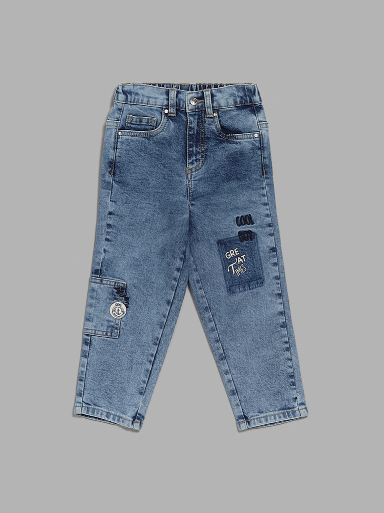 HOP Kids by Blue Typographic Embroidered Denim Jeans
