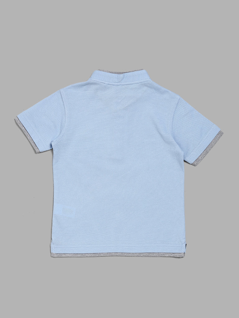 HOP Kids Powder Blue Mandarin Collar T-Shirt with Grey Piping