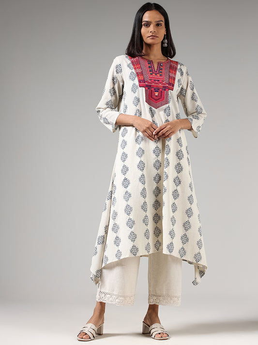 Utsa Off White Ikat Embroidered Kurta