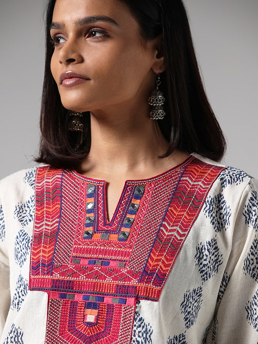 Utsa Off White Ikat Embroidered Kurta