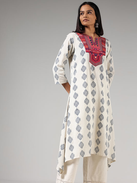 Utsa Off White Ikat Embroidered Kurta