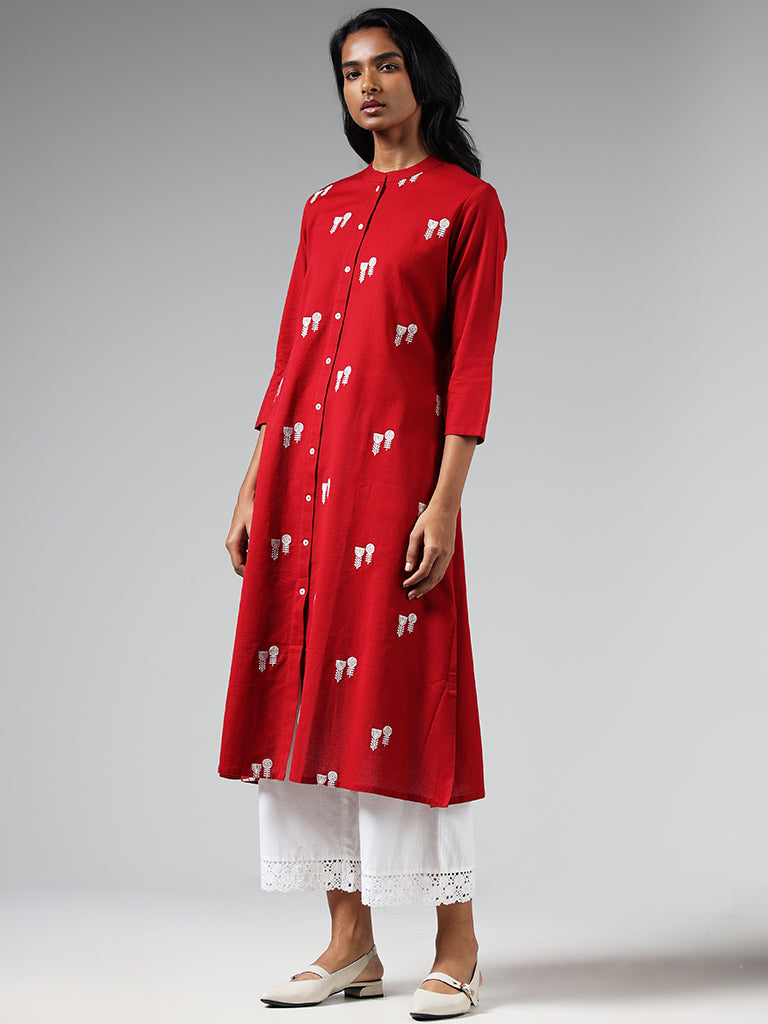 Utsa Red Floral Embroidered Button Down Kurta