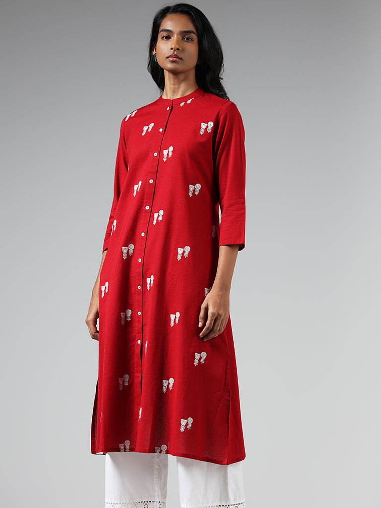 Utsa Red Floral Embroidered Button Down Kurta