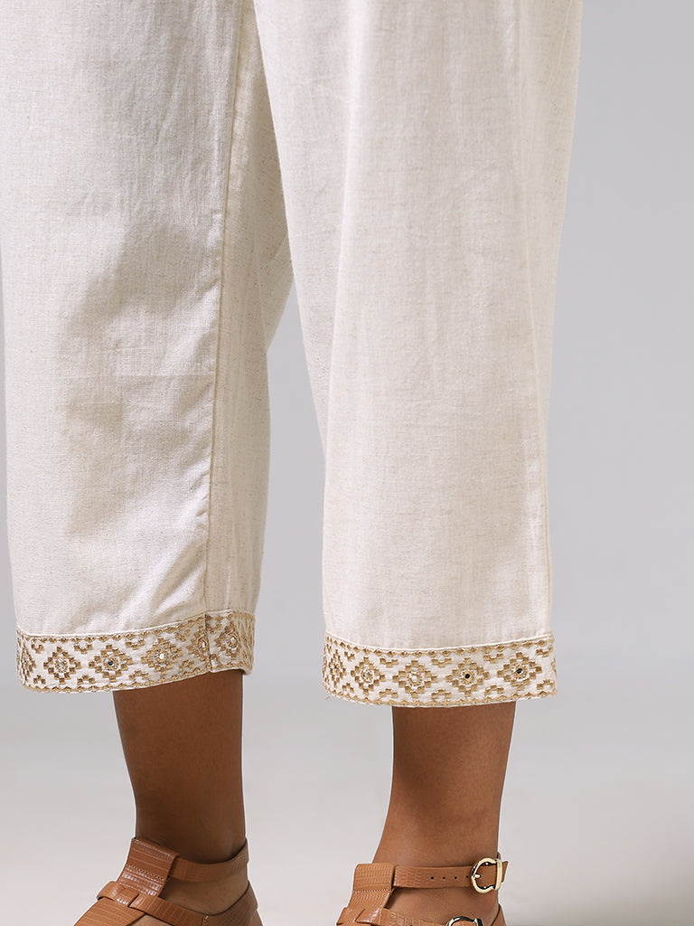 Utsa Off White Sequin Embroidery Pants