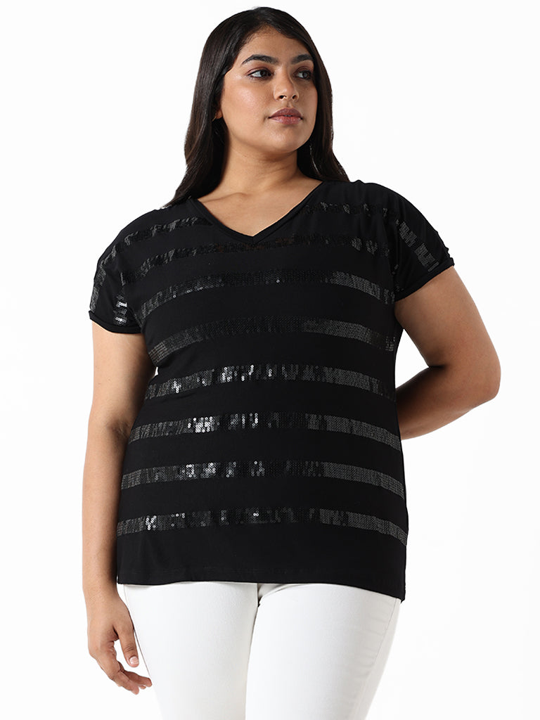 Gia Black Embroidered Slim Fit T-Shirt