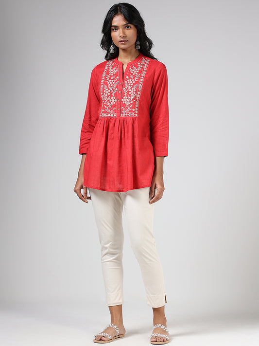 Utsa Red Floral Embroidered Gathered Tunic