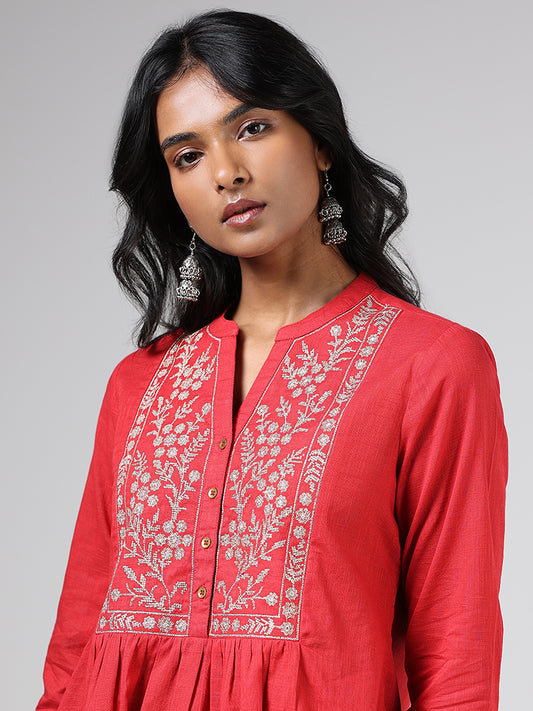 Utsa Red Floral Embroidered Gathered Tunic