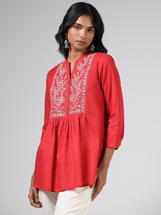 Utsa Red Floral Embroidered Gathered Tunic