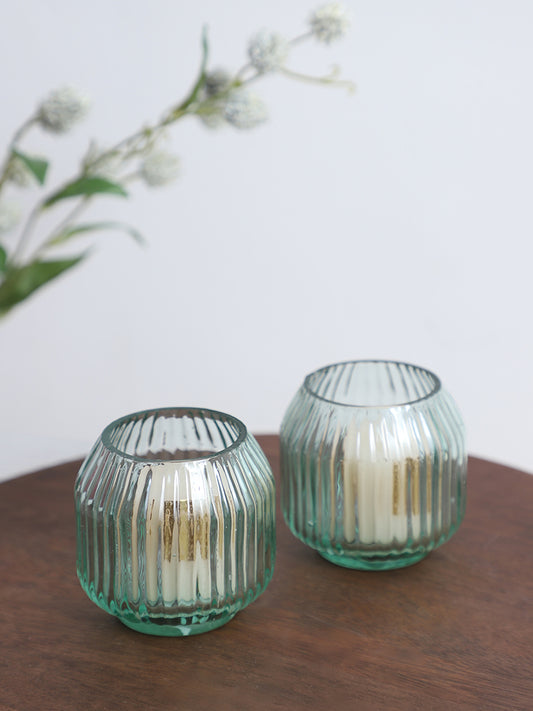Westside Home Glass Ribbed Tea Light Small Candle Holder- Pack of 2