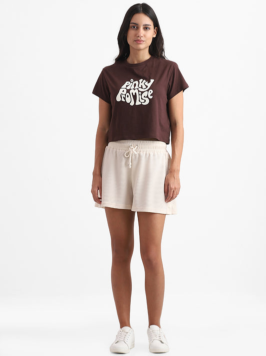 Superstar Dark Brown Printed Pinky Promise Slim Fit Crop T-Shirt