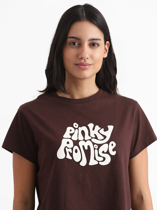 Superstar Dark Brown Printed Pinky Promise Slim Fit Crop T-Shirt