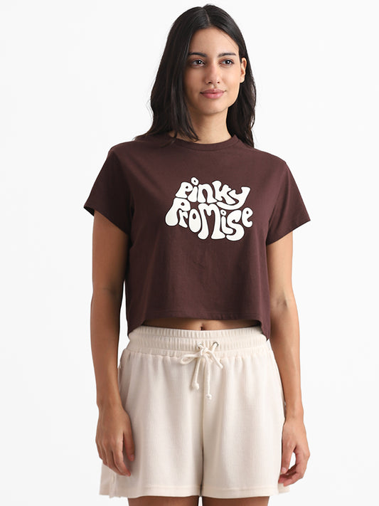 Superstar Dark Brown Printed Pinky Promise Slim Fit Crop T-Shirt