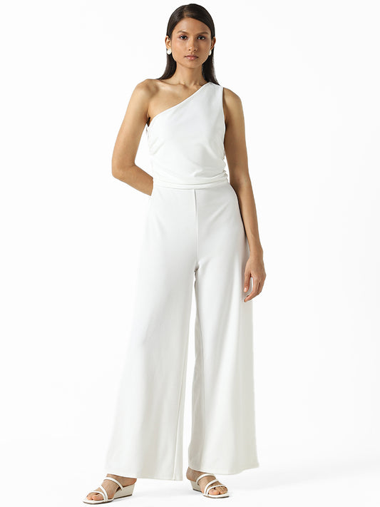 Wardrobe Solid White One-Shoulder Jumpsuit