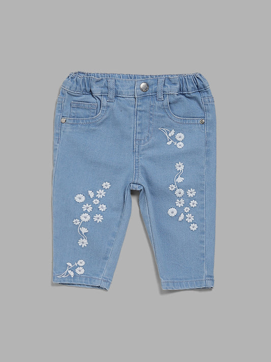 HOP Baby Blue Floral Embroidered Jeans