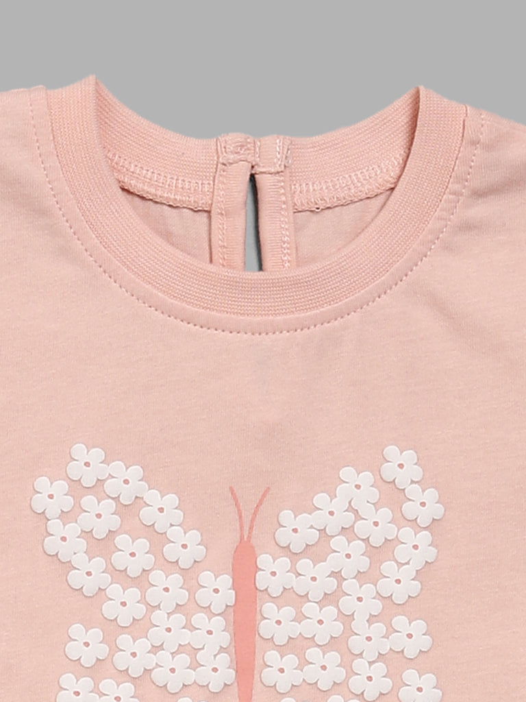 HOP Baby Peach Butterfly Printed T-Shirt & Mesh Skirt Set