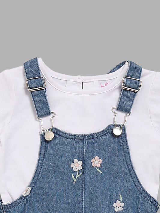 HOP Baby Blue Embroidered Dungaree with T-Shirt
