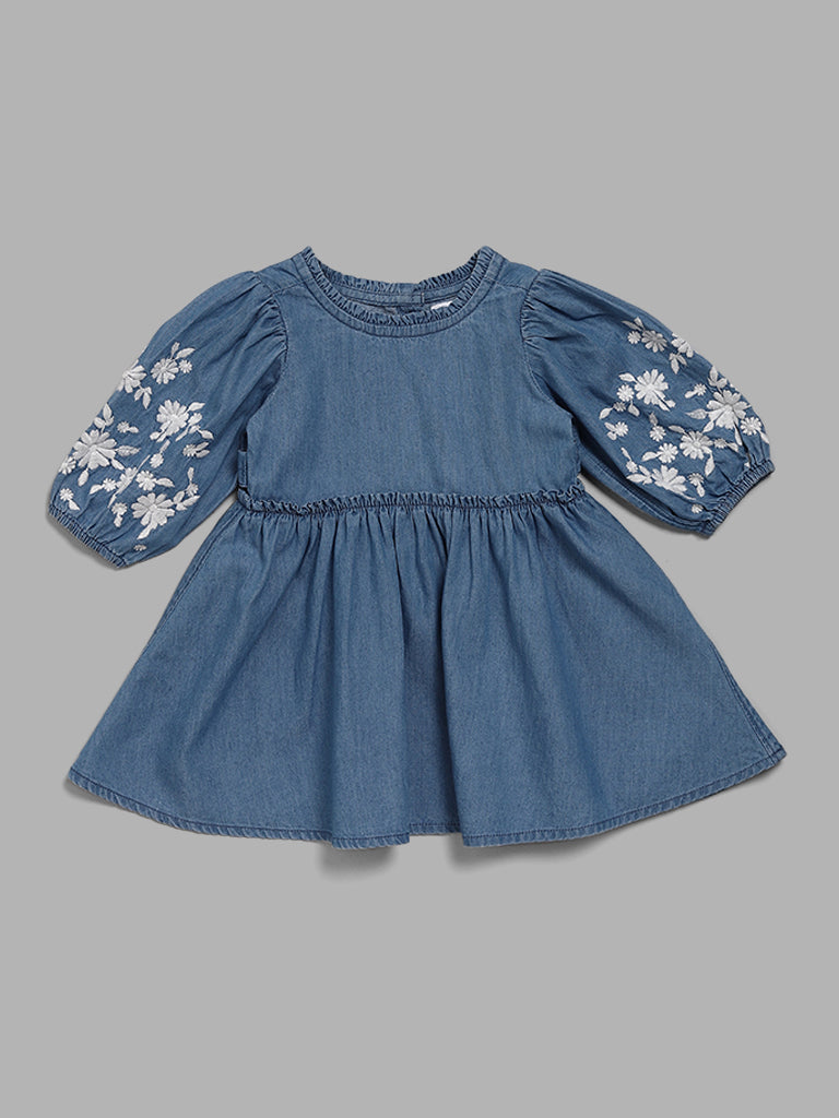 HOP Baby Blue Floral Embroidered Denim Dress