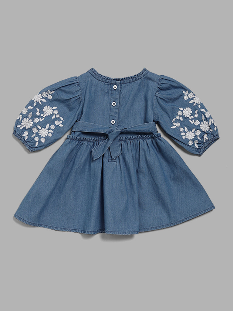 HOP Baby Blue Floral Embroidered Denim Dress