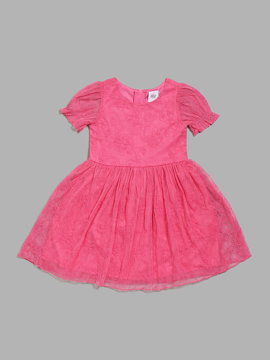 HOP Kids Pink Thread-Embroidered Mesh Dress