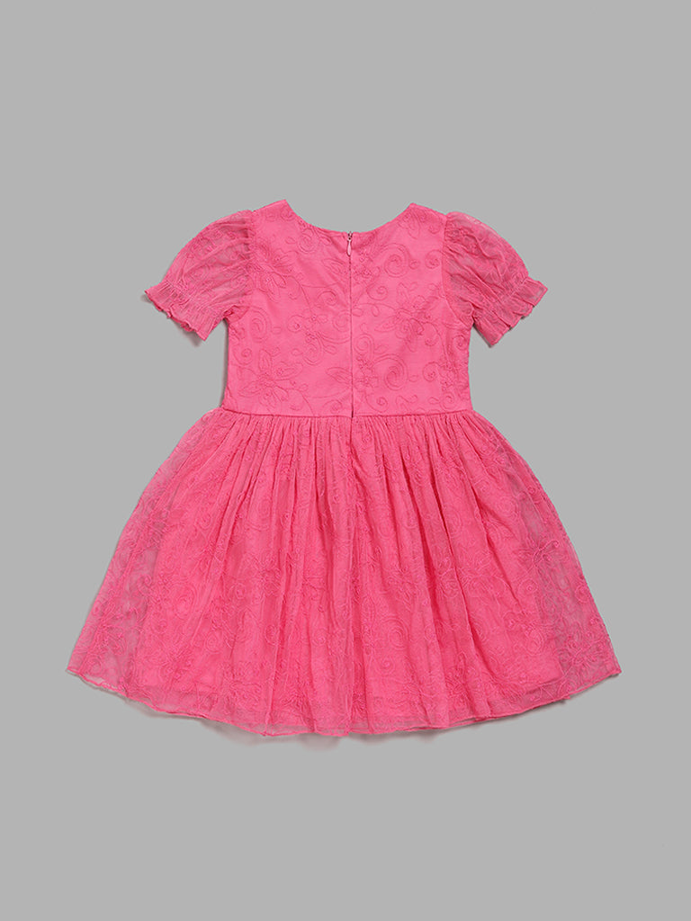 HOP Kids Thread-Embroidered Pink Mesh Dress