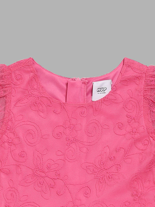 HOP Kids Pink Thread-Embroidered Mesh Dress
