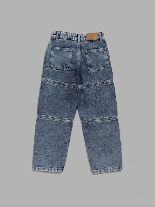 Y&F Kids Ice Blue Washed Relaxed - Fit Mid - Rise Denim Jeans