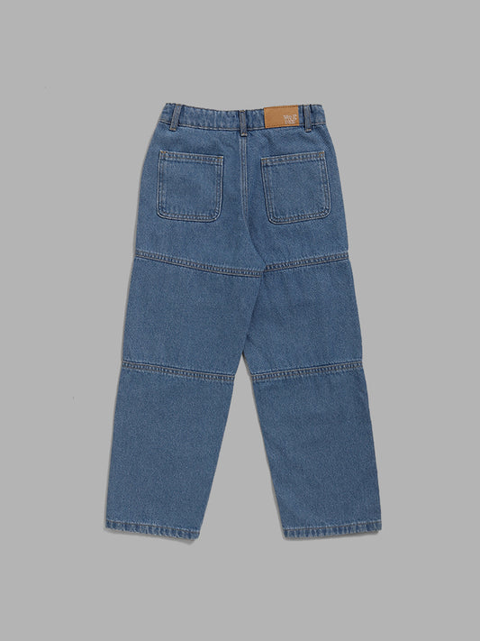 Y&F Kids Solid Mid Blue Relaxed - Fit Mid - Rise Denim Jeans