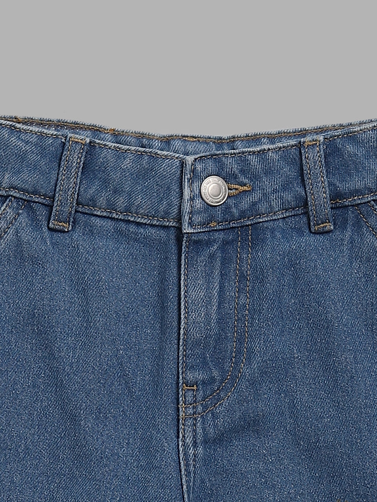 Y&F Kids Solid Mid Blue Seam Detail Denim Jeans