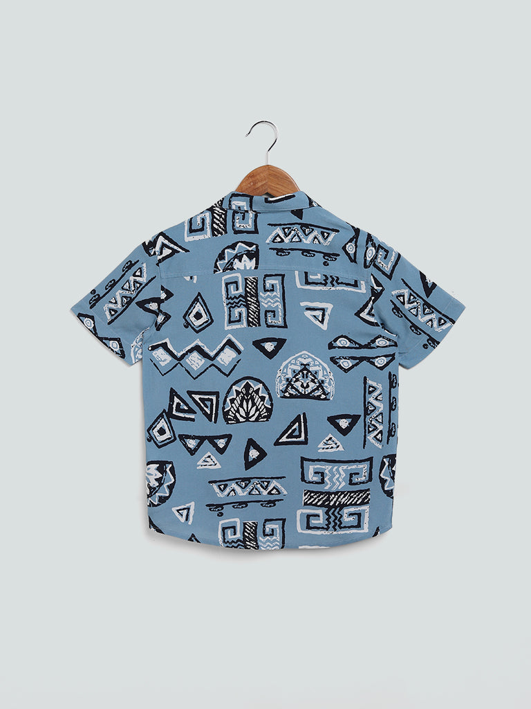 Y&F Kids Blue Printed Biku Shirt
