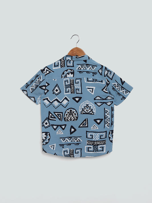 Y&F Kids Blue Printed Biku Shirt
