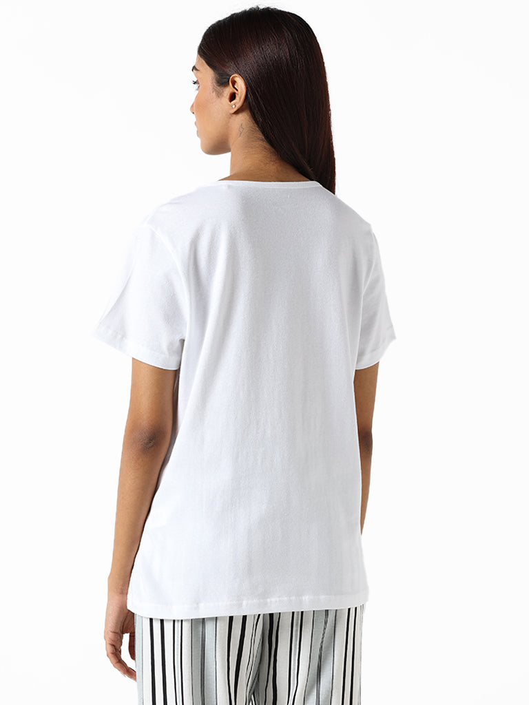 Wunderlove White Printed Relaxed Fit T-Shirt