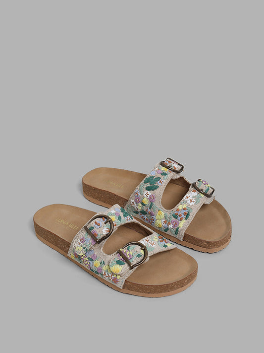 LUNA BLU Beige Floral Embroidered Comfort Sandals