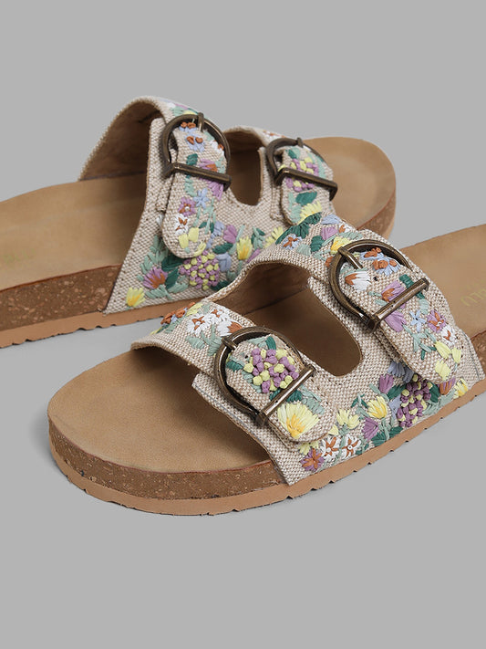 LUNA BLU Beige Floral Embroidered Comfort Sandals