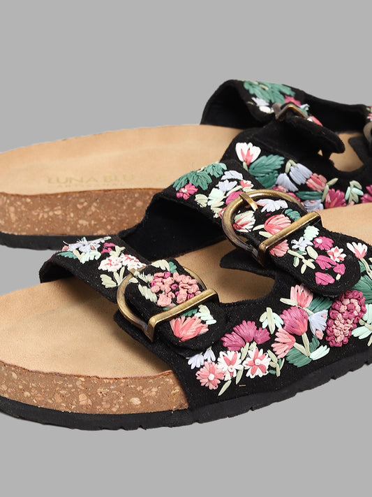LUNA BLU Floral Embroidered Double Band Black Comfort Sandals