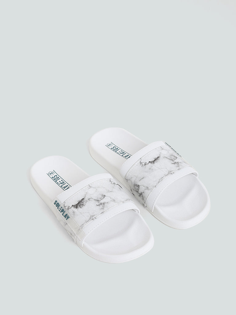 SOLEPLAY White & Grey Marble Effect Printed Knitted Slides