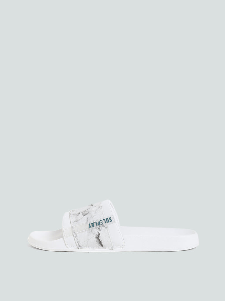 SOLEPLAY White & Grey Marble Effect Printed Knitted Slides