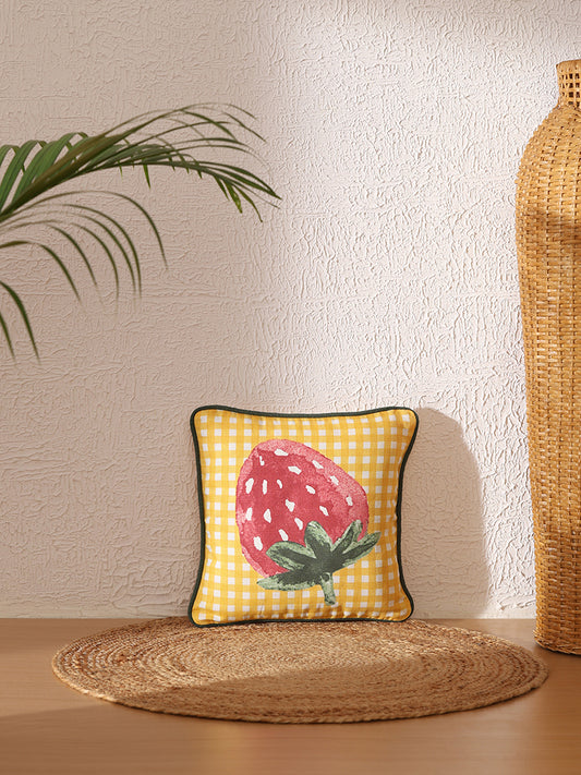 Westside Home Yellow Checked Berry Printed Cushion Cover